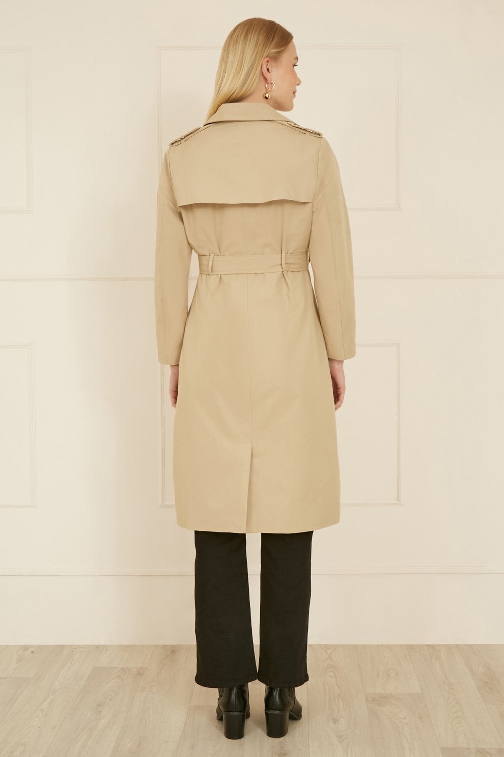 Beige Belted Long Trench Coat With Belt