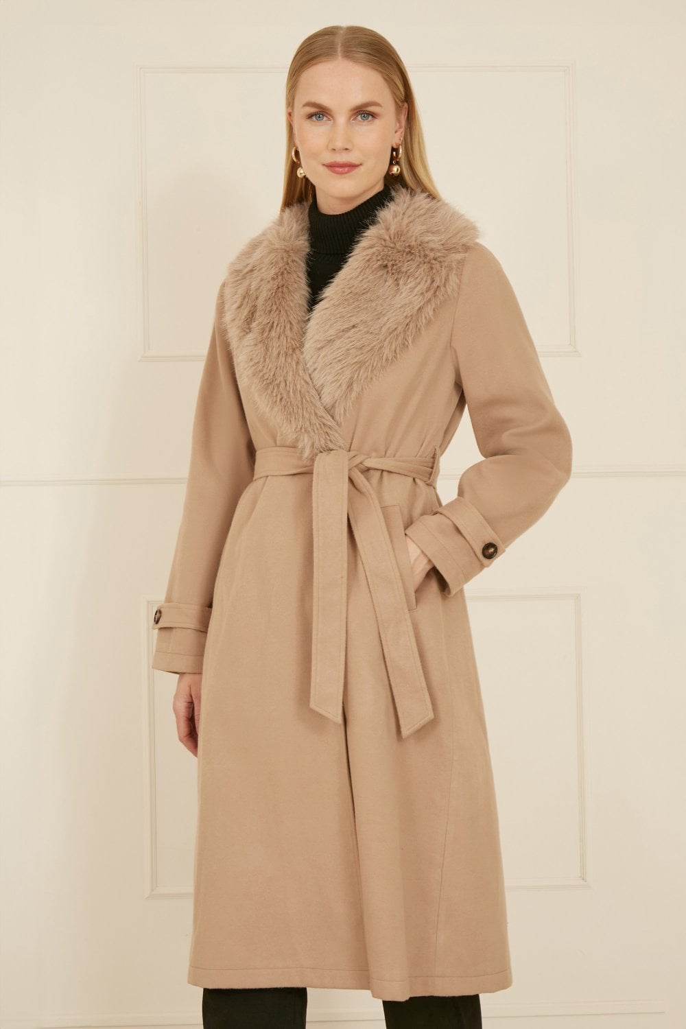 Beige Wrap-Around Coat With Faux Fur Collar