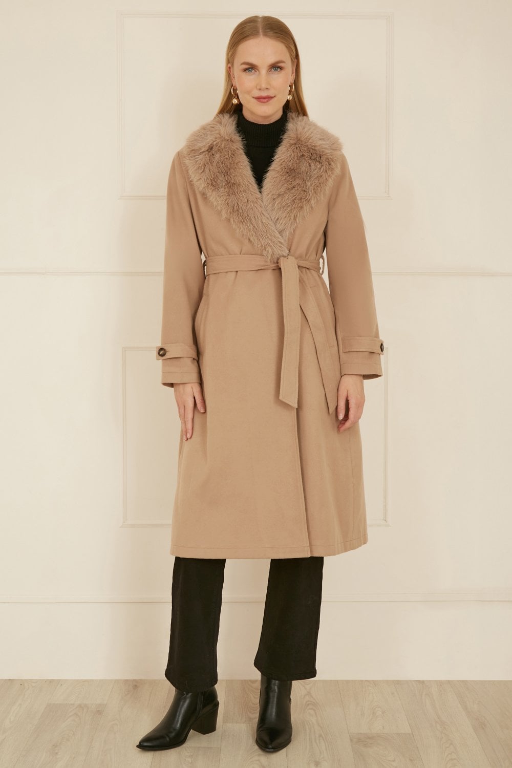 Beige Wrap-Around Coat With Faux Fur Collar