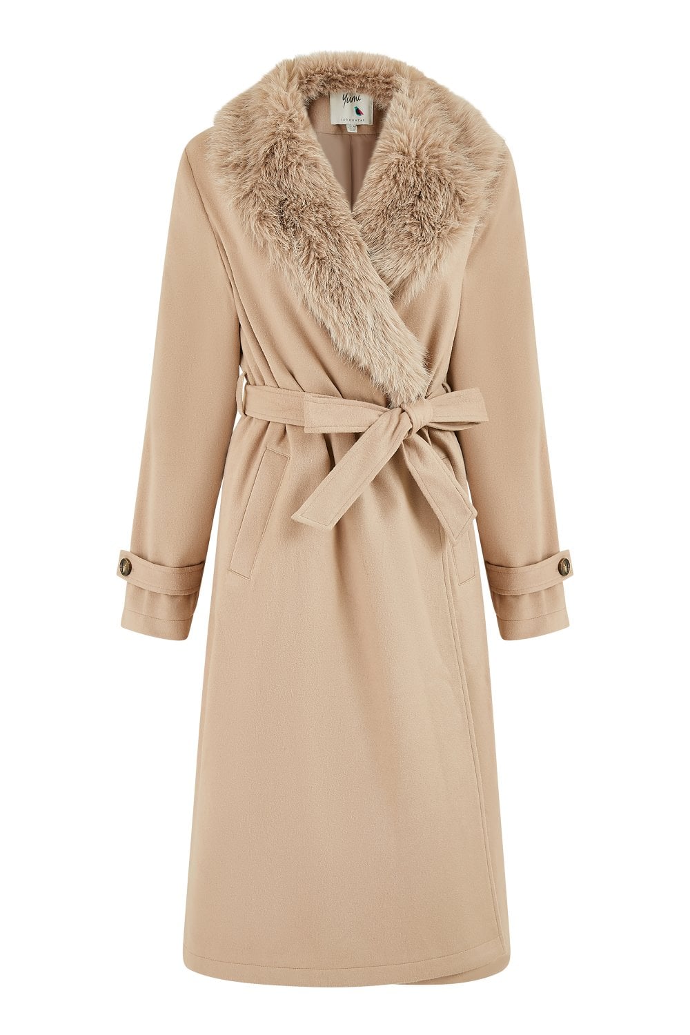 Beige Wrap-Around Coat With Faux Fur Collar
