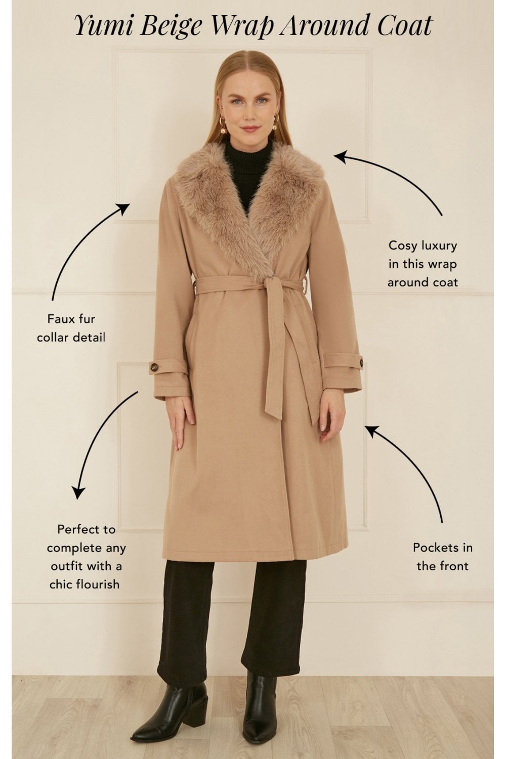 Beige Wrap-Around Coat With Faux Fur Collar