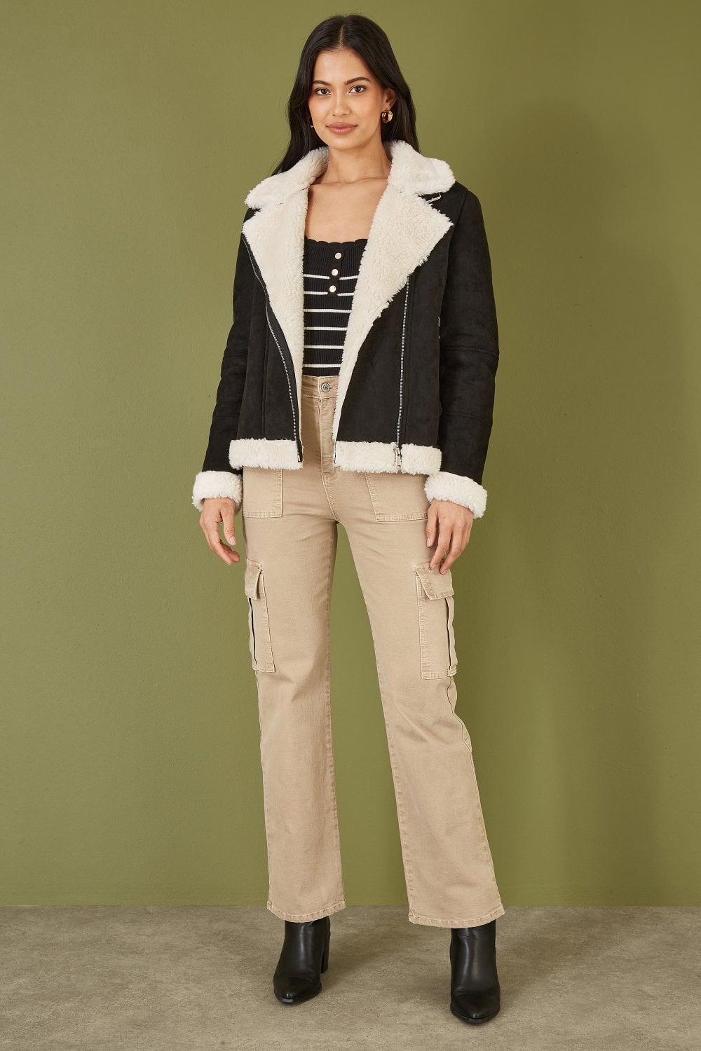 Black Faux Suede & Shearling Biker-Style Jacket