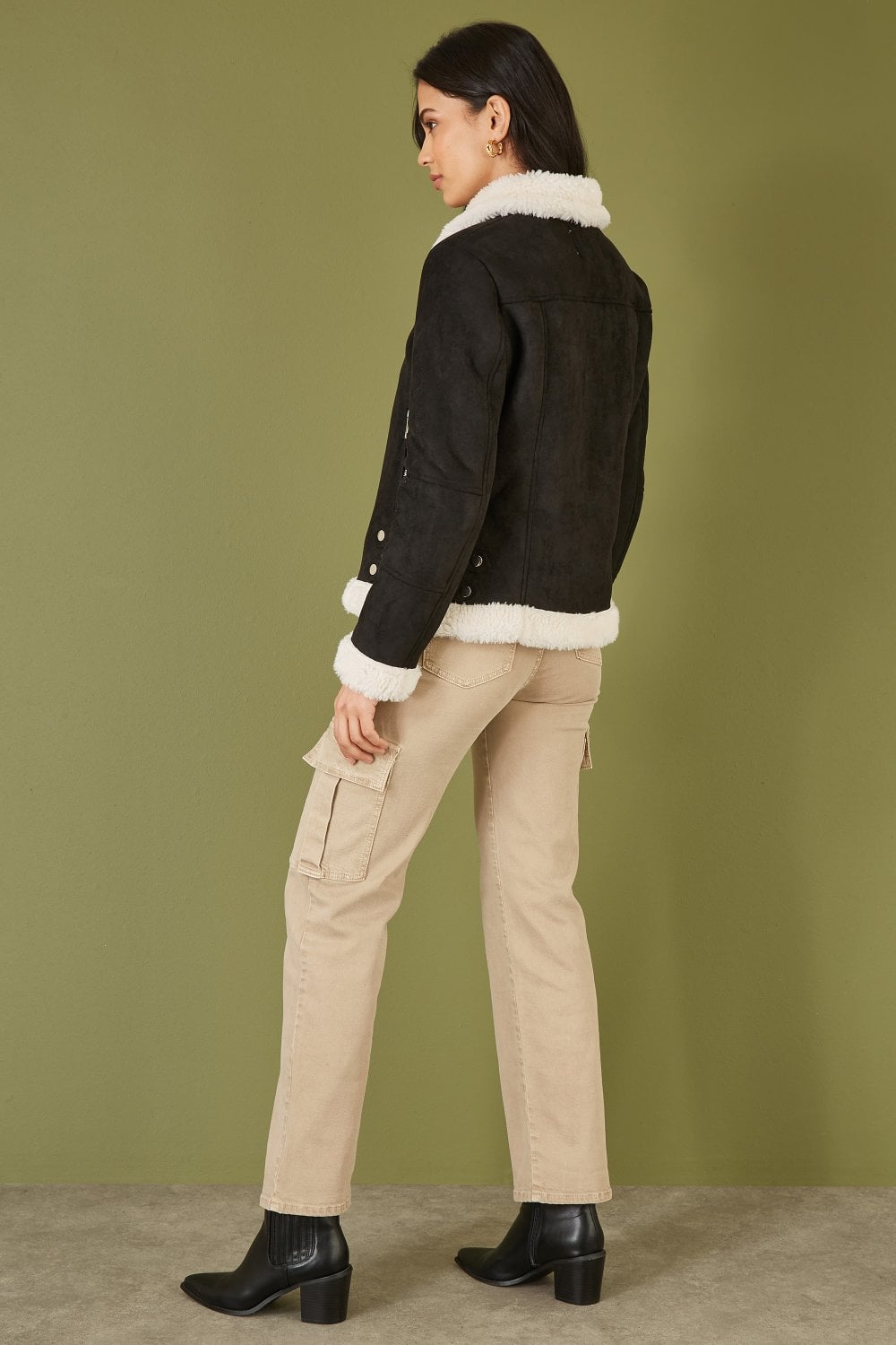 Black Faux Suede & Shearling Biker-Style Jacket