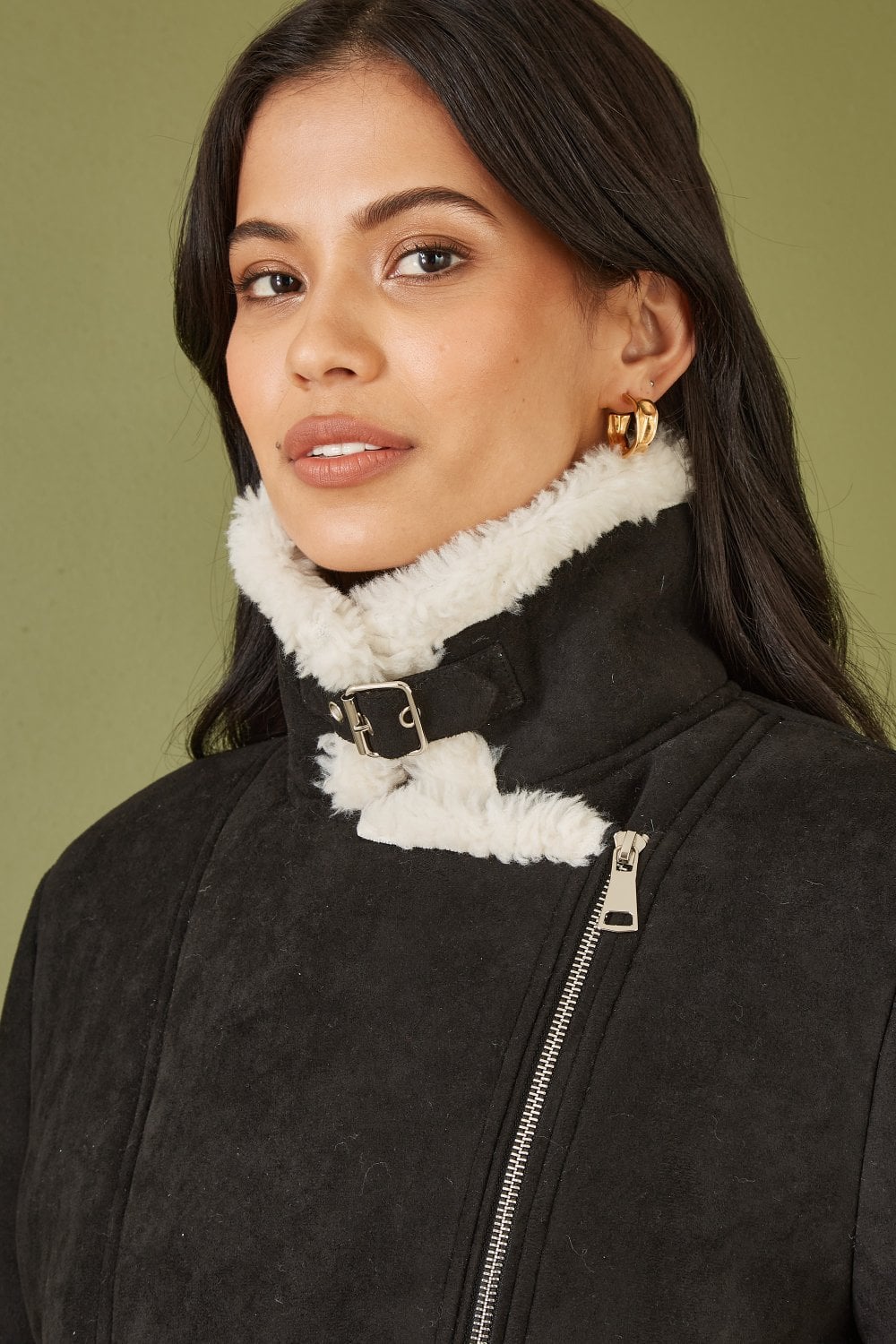 Black Faux Suede & Shearling Biker-Style Jacket