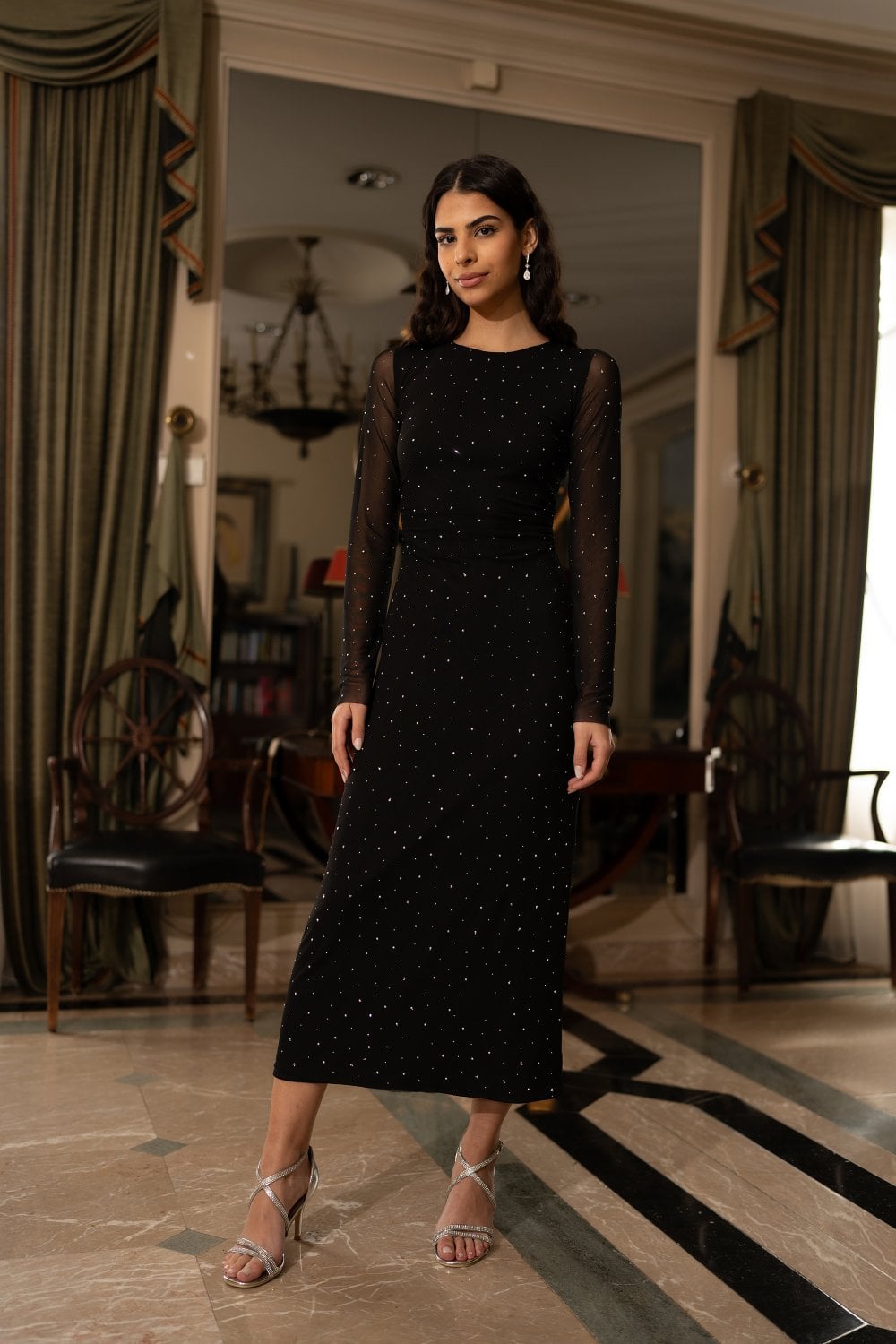 Black Mesh Bodycon Midi Dress With Tie Back and Diamantes