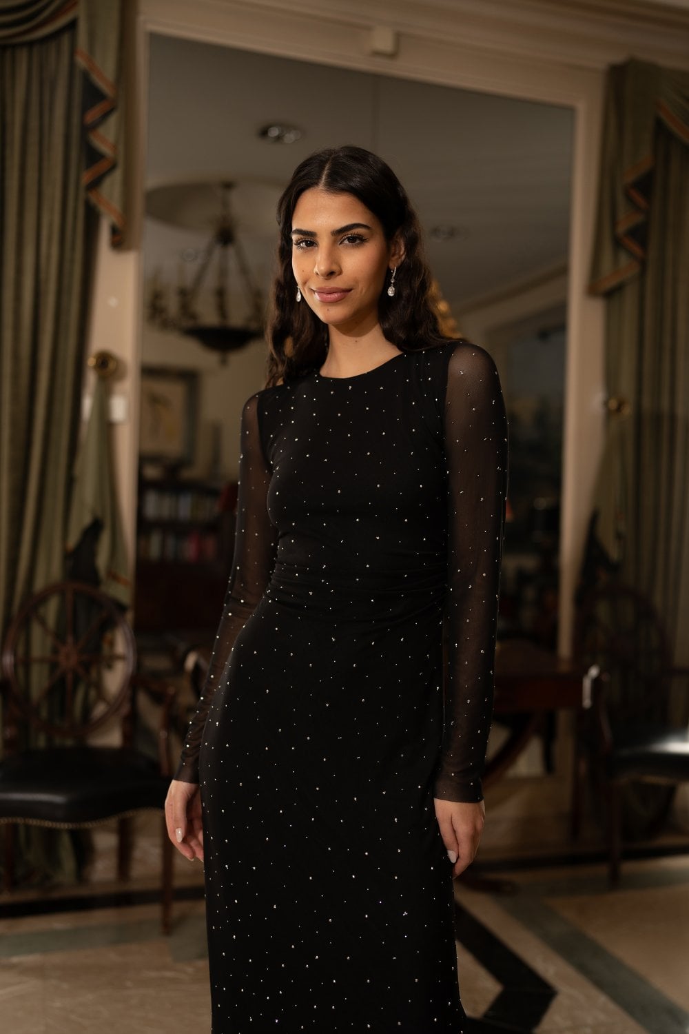 Black Mesh Bodycon Midi Dress With Tie Back and Diamantes