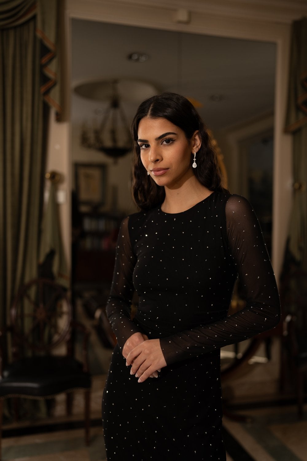 Black Mesh Bodycon Midi Dress With Tie Back and Diamantes