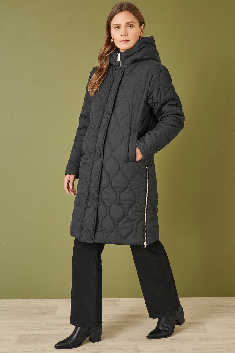 Black Padded Quilted Long Coat With Zip Detail & Hood