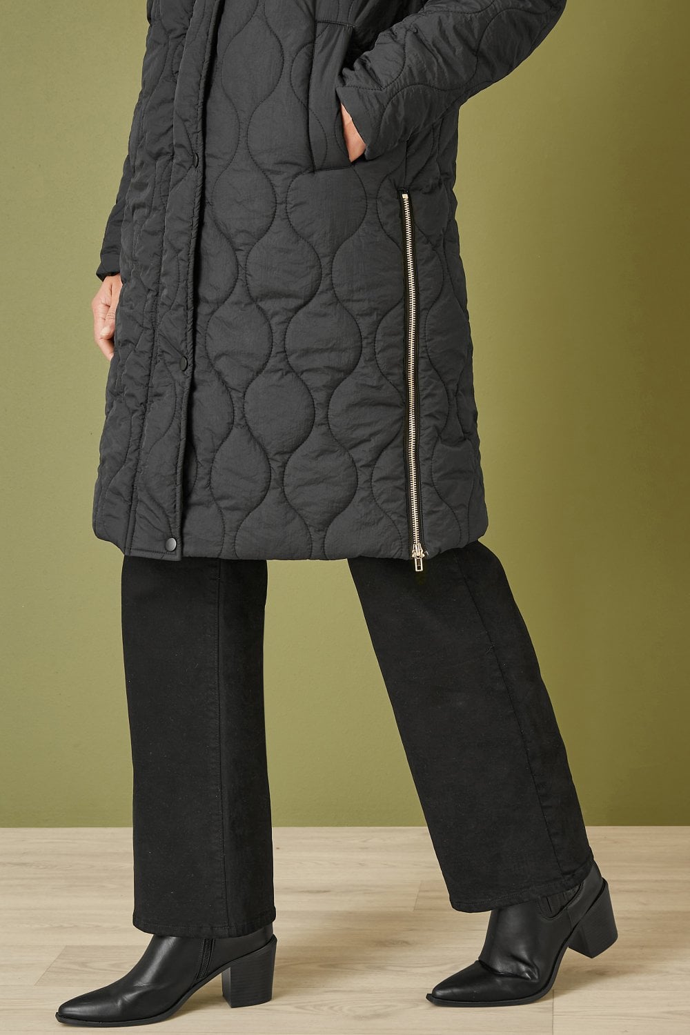 Black Padded Quilted Long Coat With Zip Detail & Hood