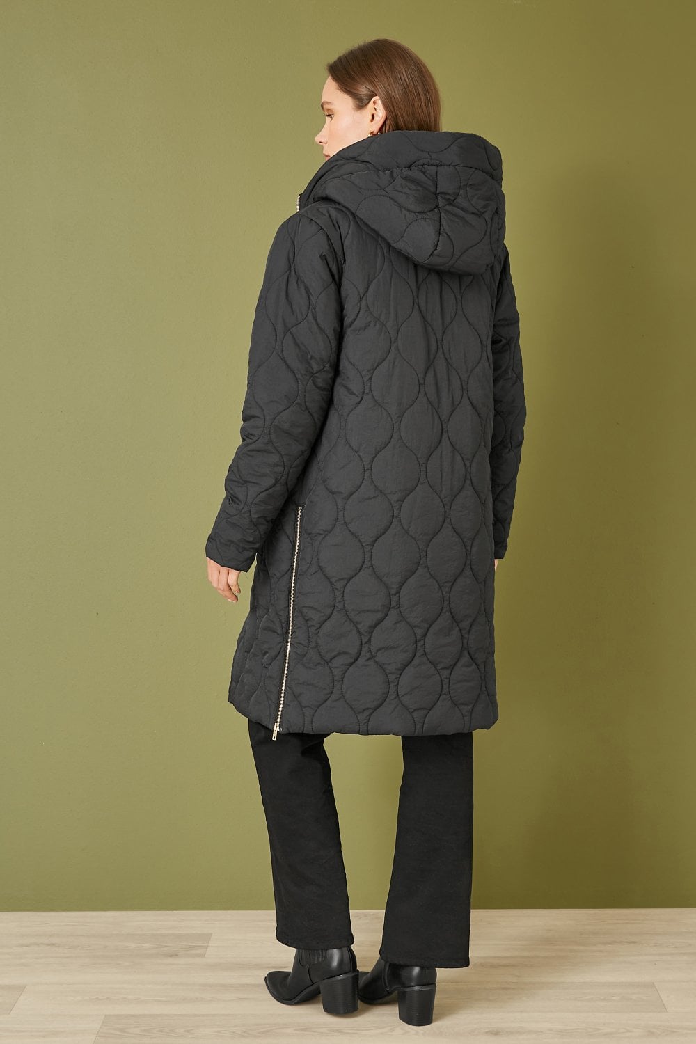 Black Padded Quilted Long Coat With Zip Detail & Hood