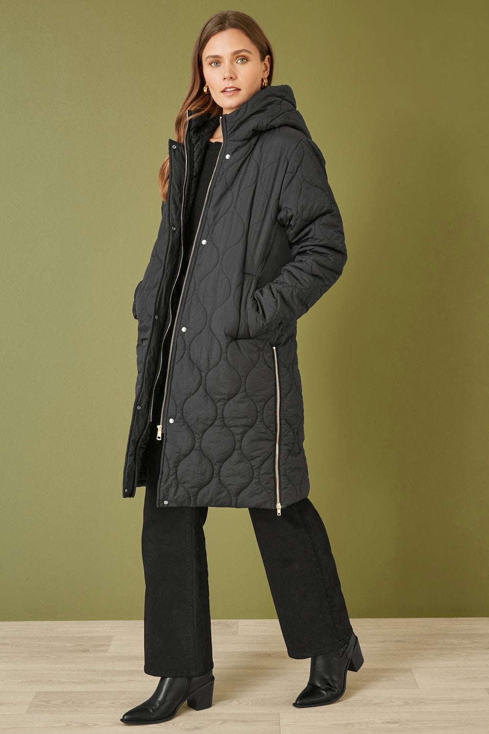 Black Padded Quilted Long Coat With Zip Detail & Hood