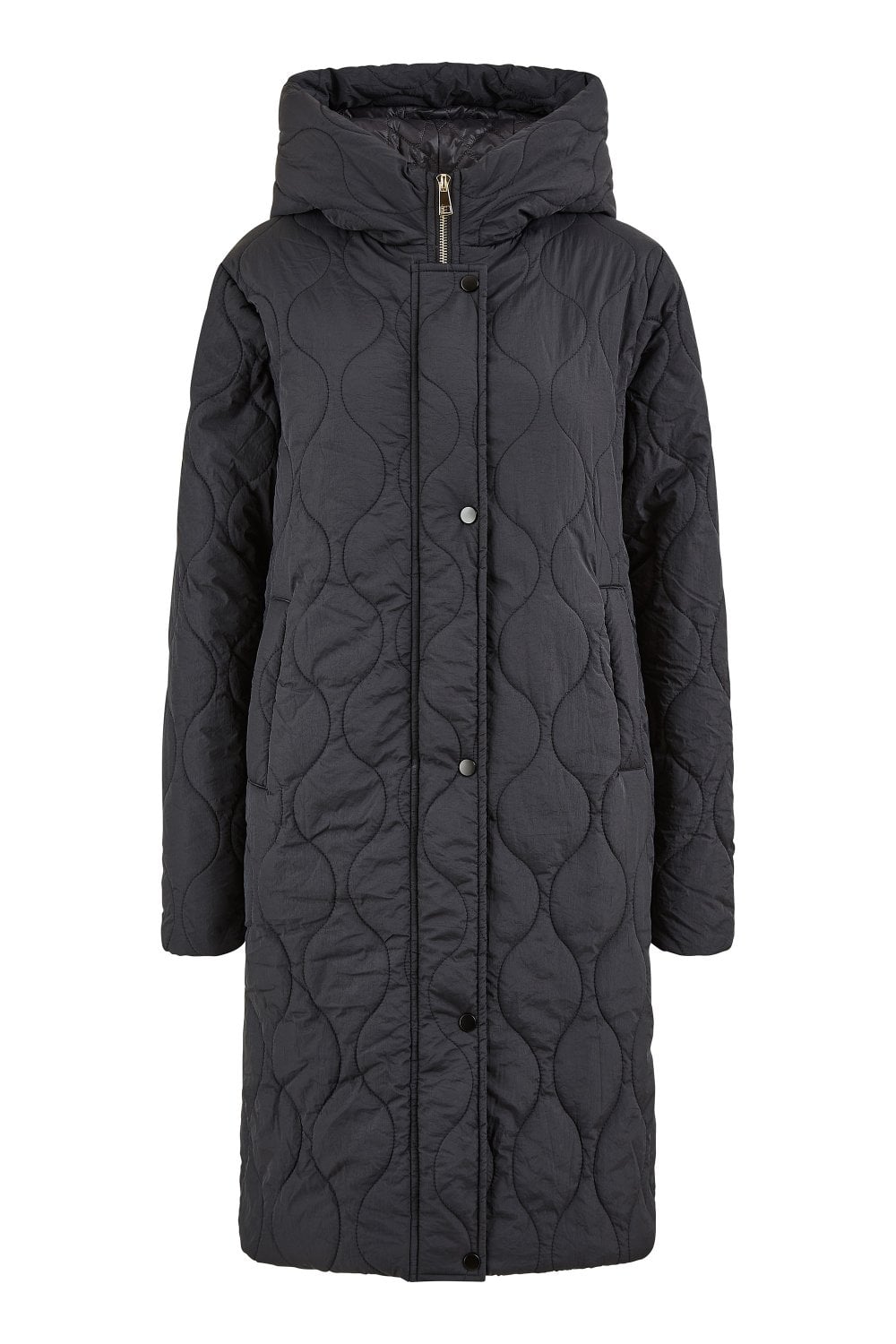 Black Padded Quilted Long Coat With Zip Detail & Hood