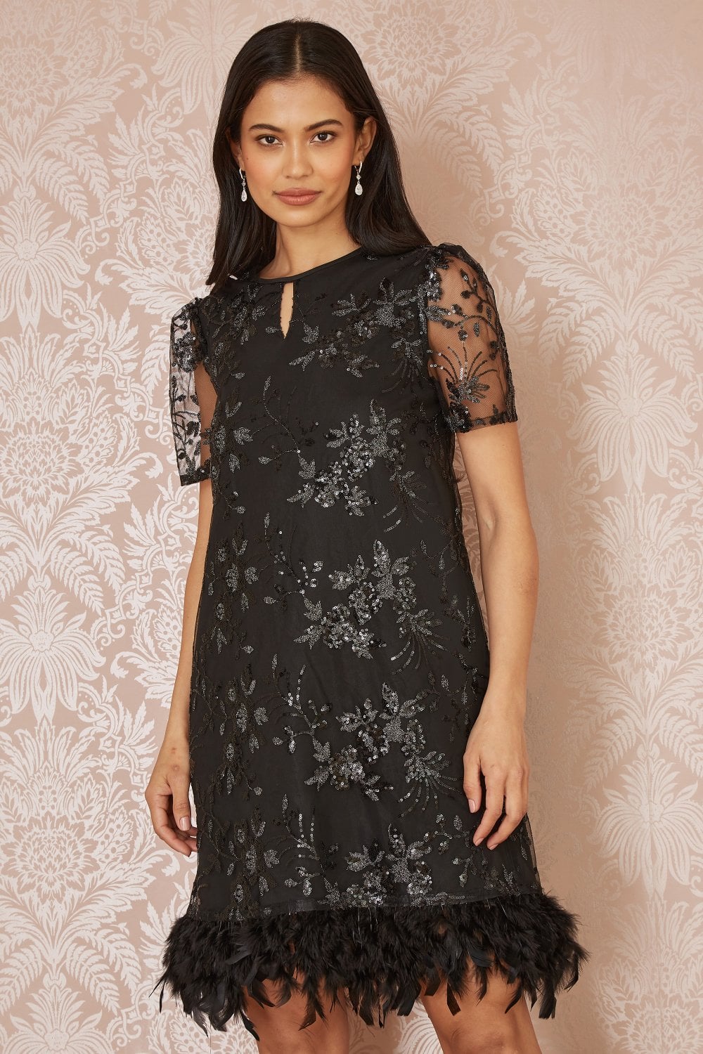 Black Sequin Embroidered Tunic Dress With Feather Trim Hemline