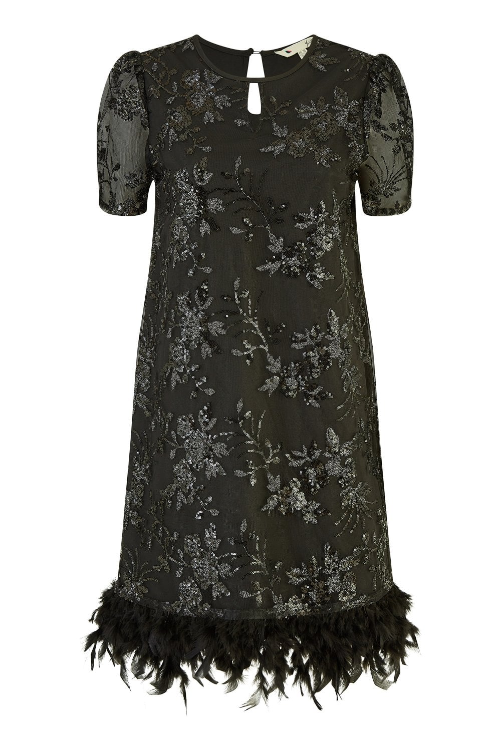 Black Sequin Embroidered Tunic Dress With Feather Trim Hemline