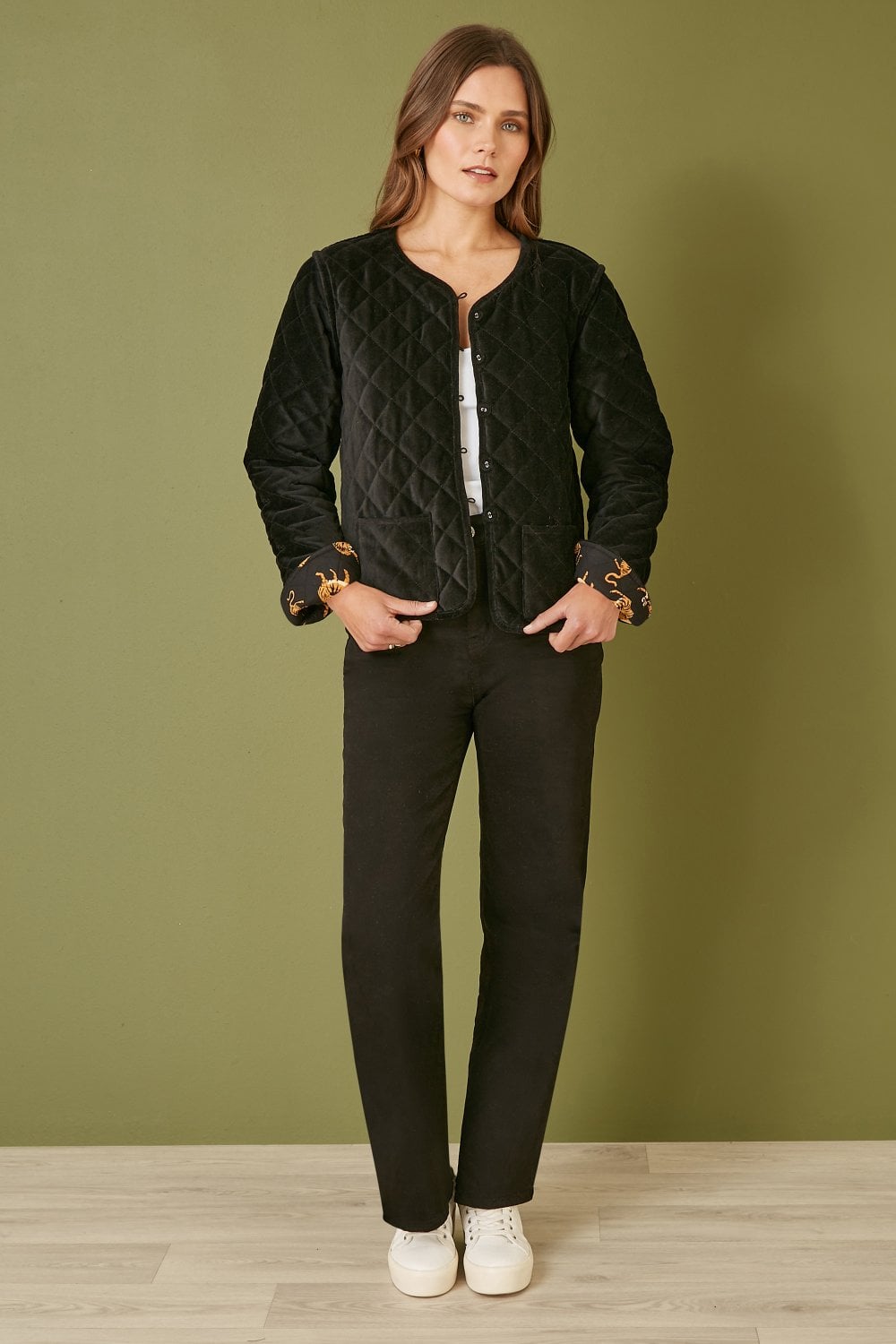 Black Velvet Quilted Jacket With Reversible Leopard Lining