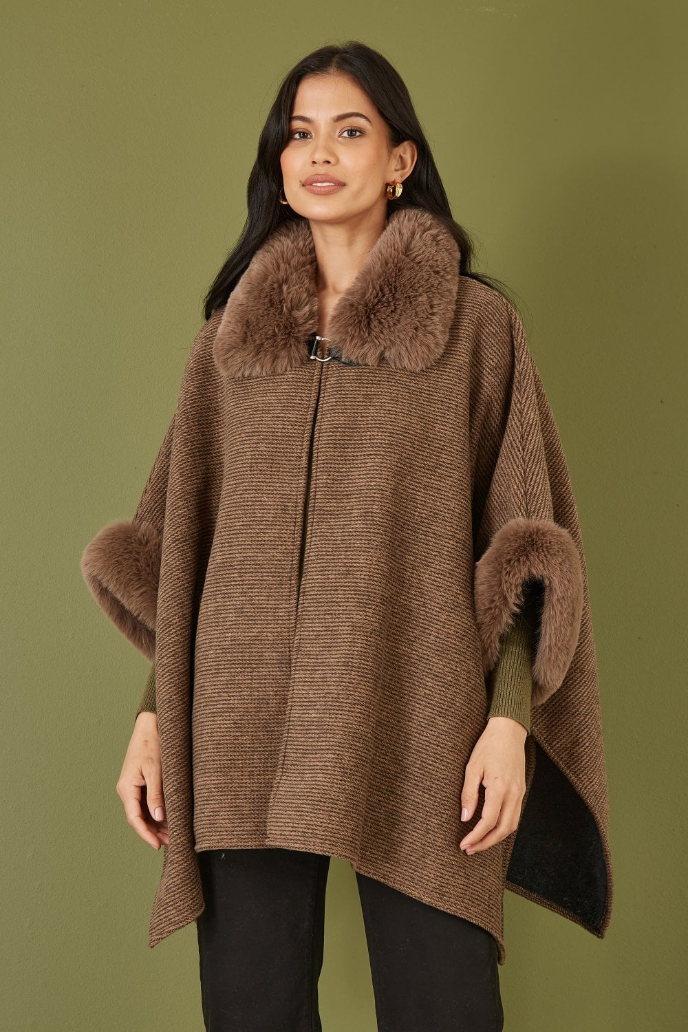 Brown Cape With Luxe Fur Trim & Lining