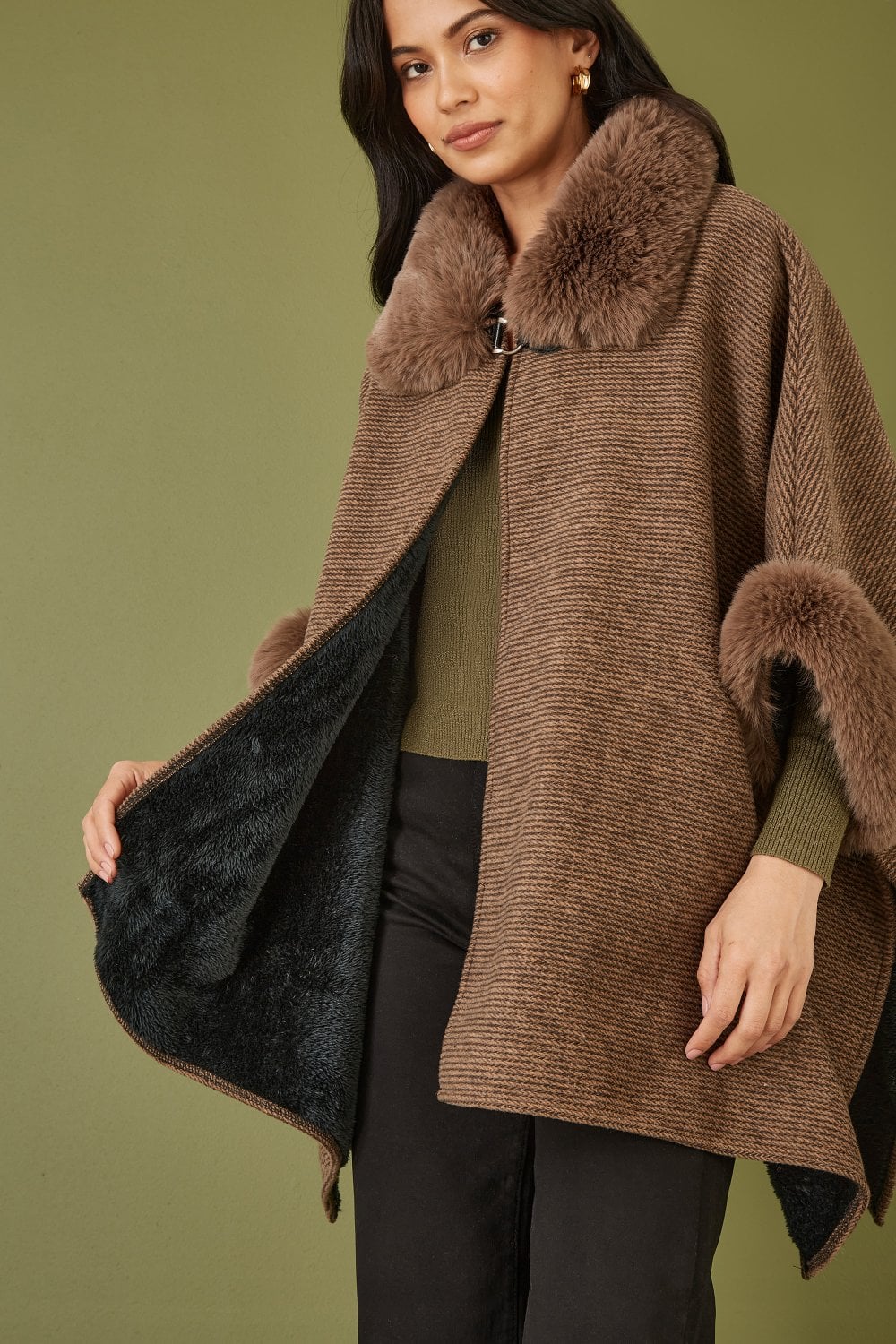 Brown Cape With Luxe Fur Trim & Lining