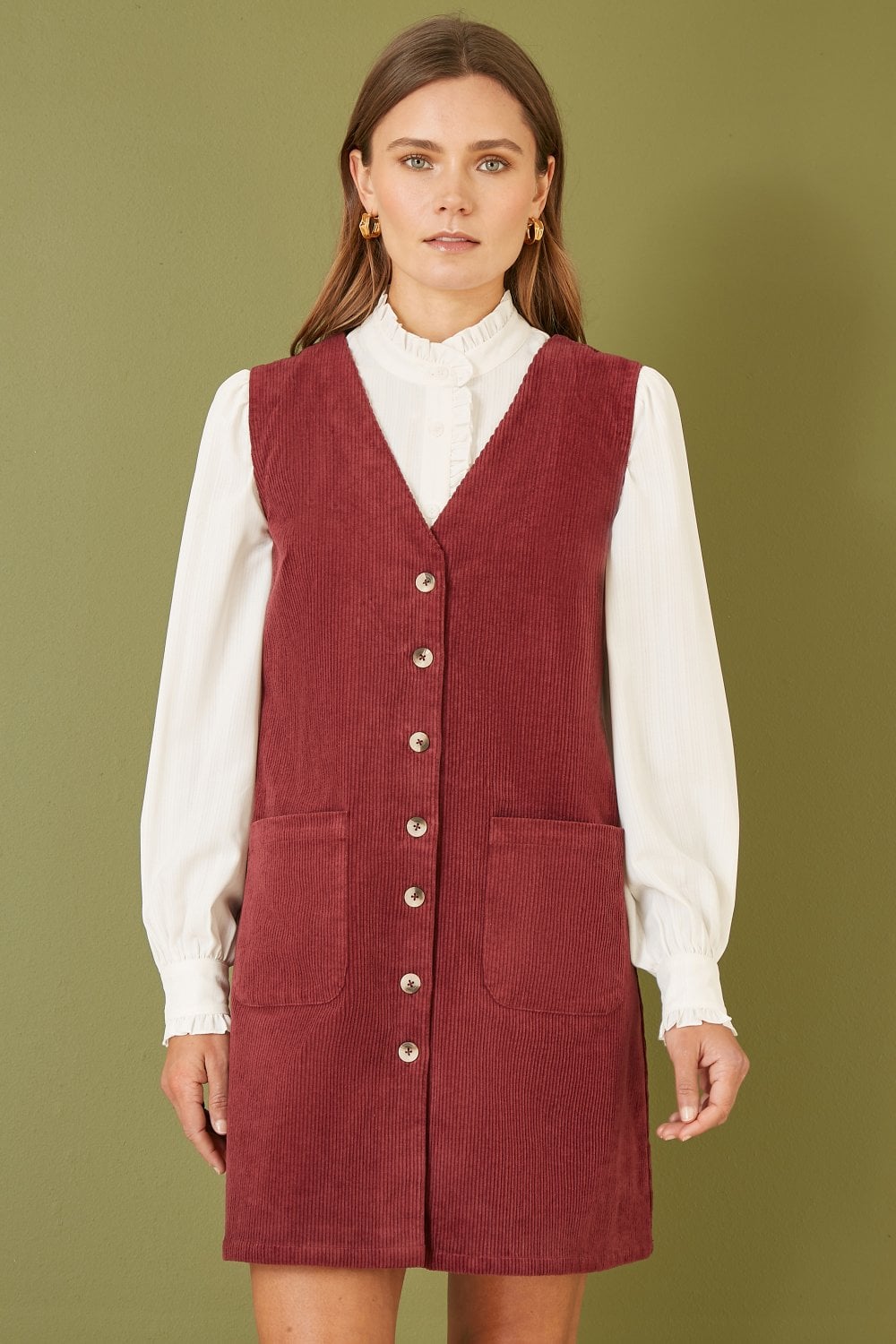 Burgundy Cord Button Through Pinafore Dress With Pockets