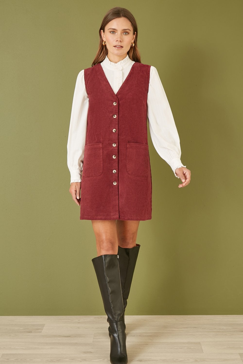 Burgundy Cord Button Through Pinafore Dress With Pockets