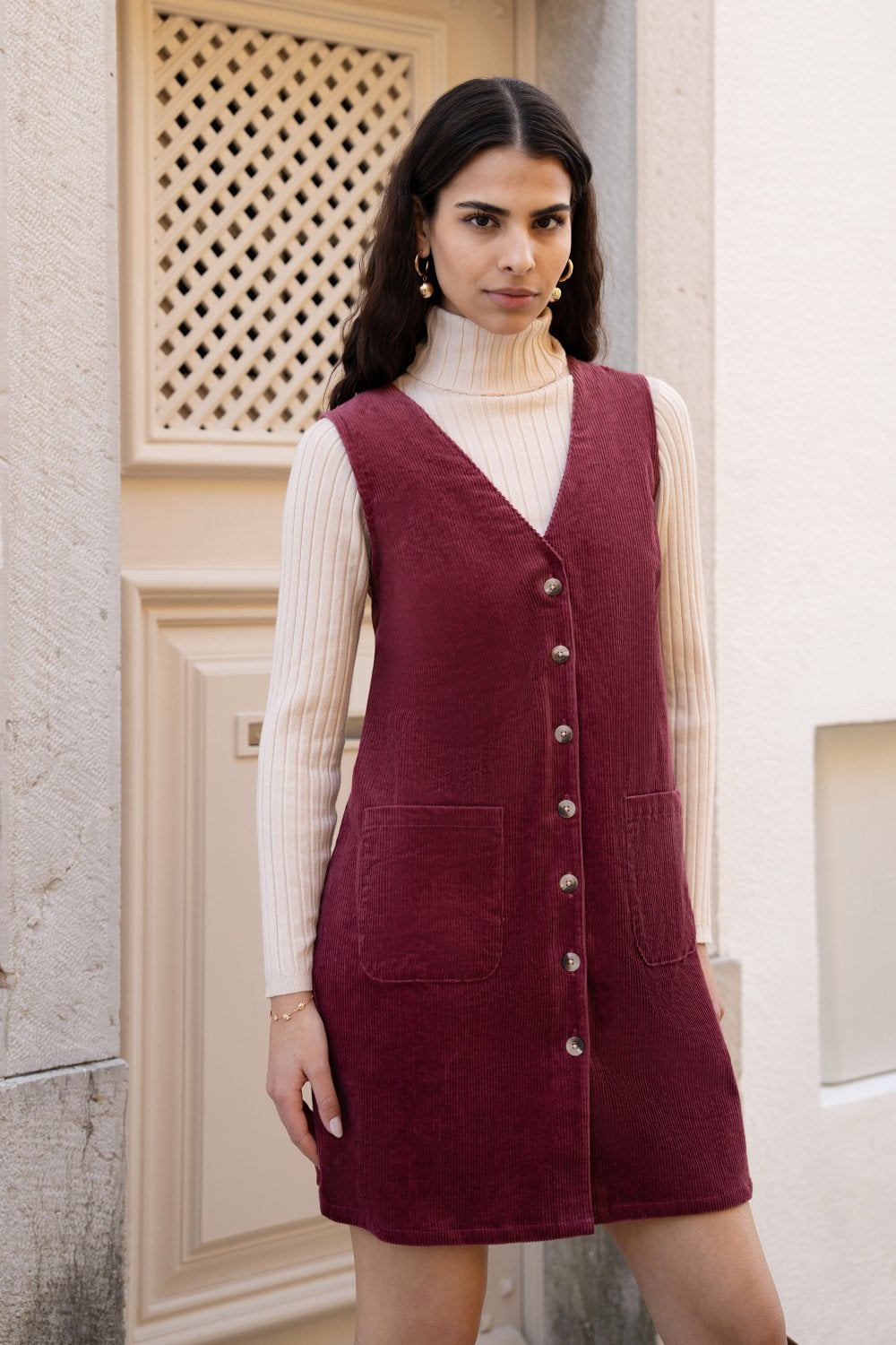 Burgundy Cord Button Through Pinafore Dress With Pockets