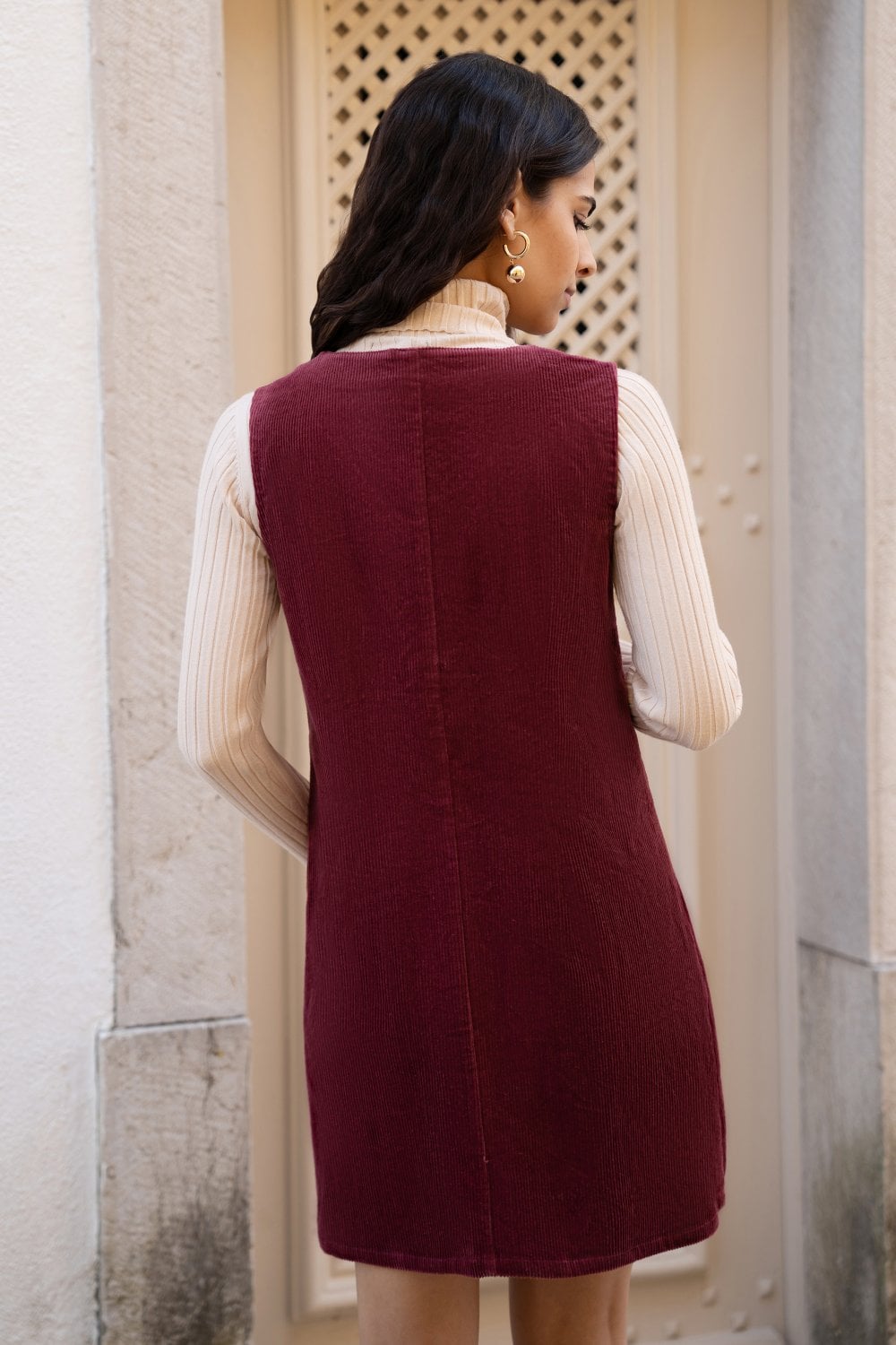 Burgundy Cord Button Through Pinafore Dress With Pockets