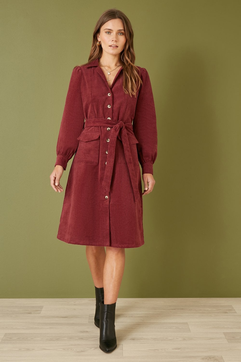 Burgundy Cord Midi Shirt Dress