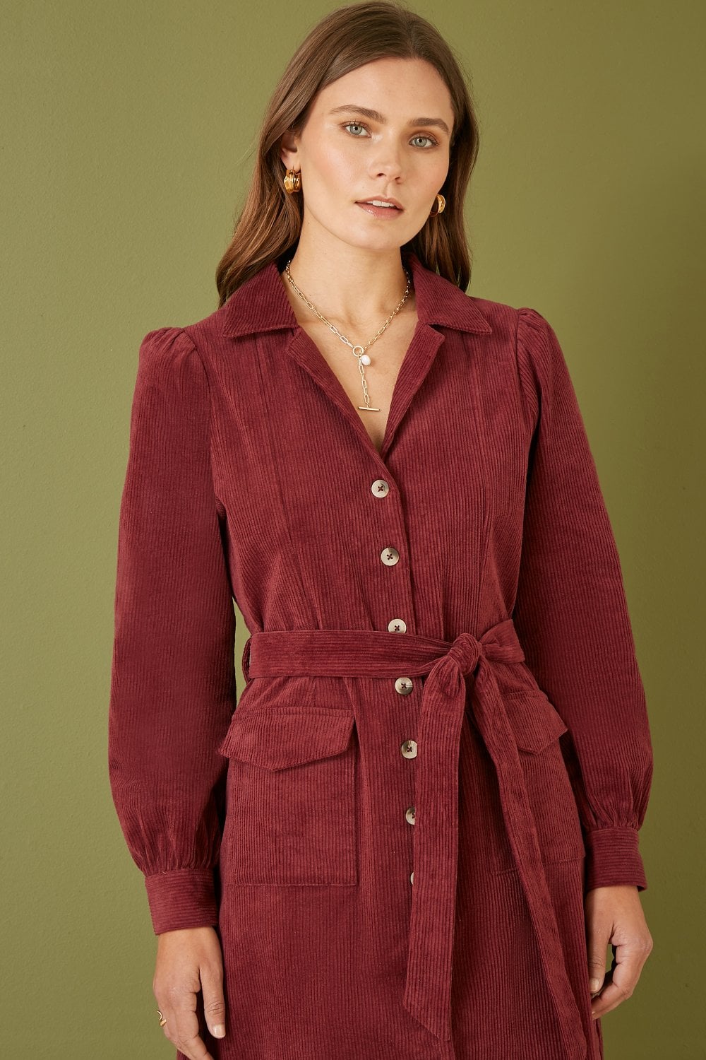 Burgundy Cord Midi Shirt Dress