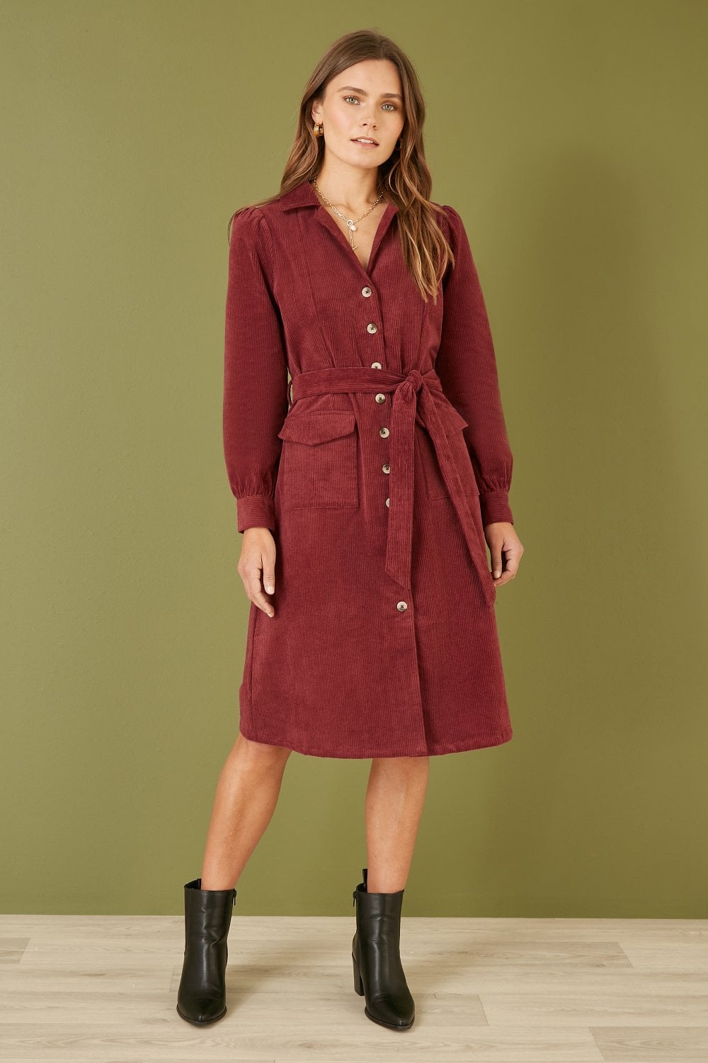 Burgundy Cord Midi Shirt Dress