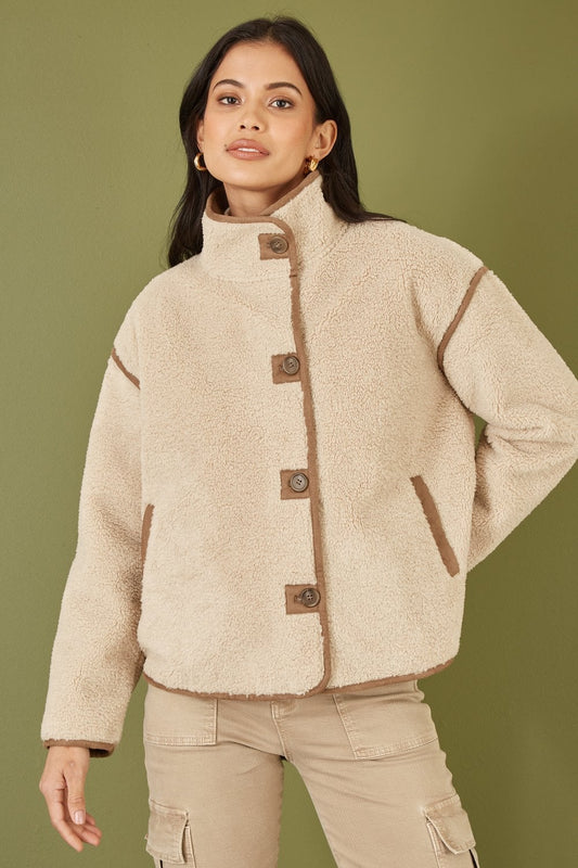 Cream Borg High-Neck Jacket With Faux Leather Trims