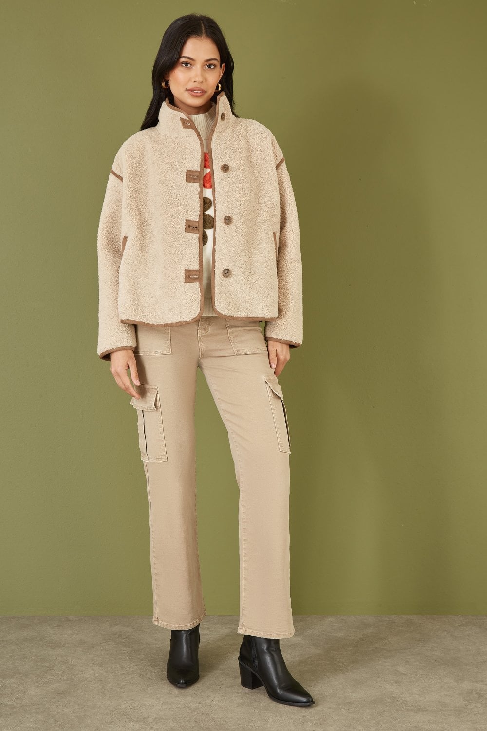 Cream Borg High-Neck Jacket With Faux Leather Trims
