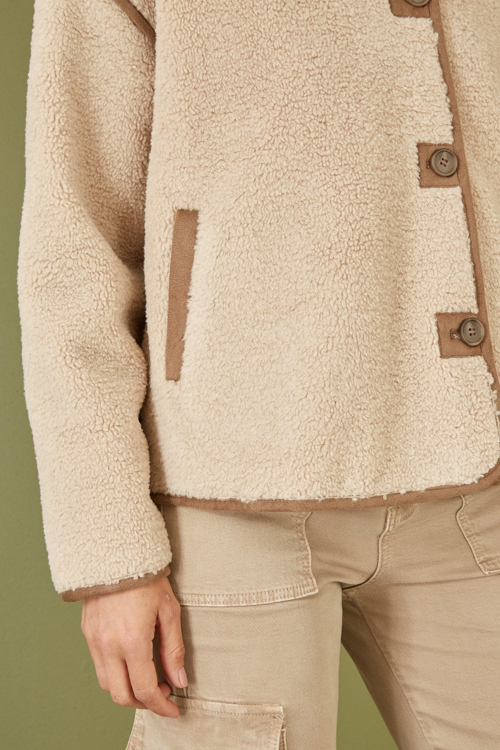 Cream Borg High-Neck Jacket With Faux Leather Trims