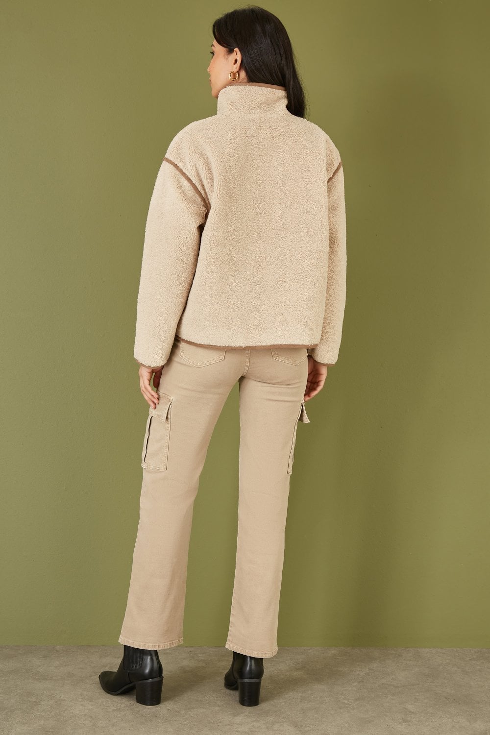 Cream Borg High-Neck Jacket With Faux Leather Trims