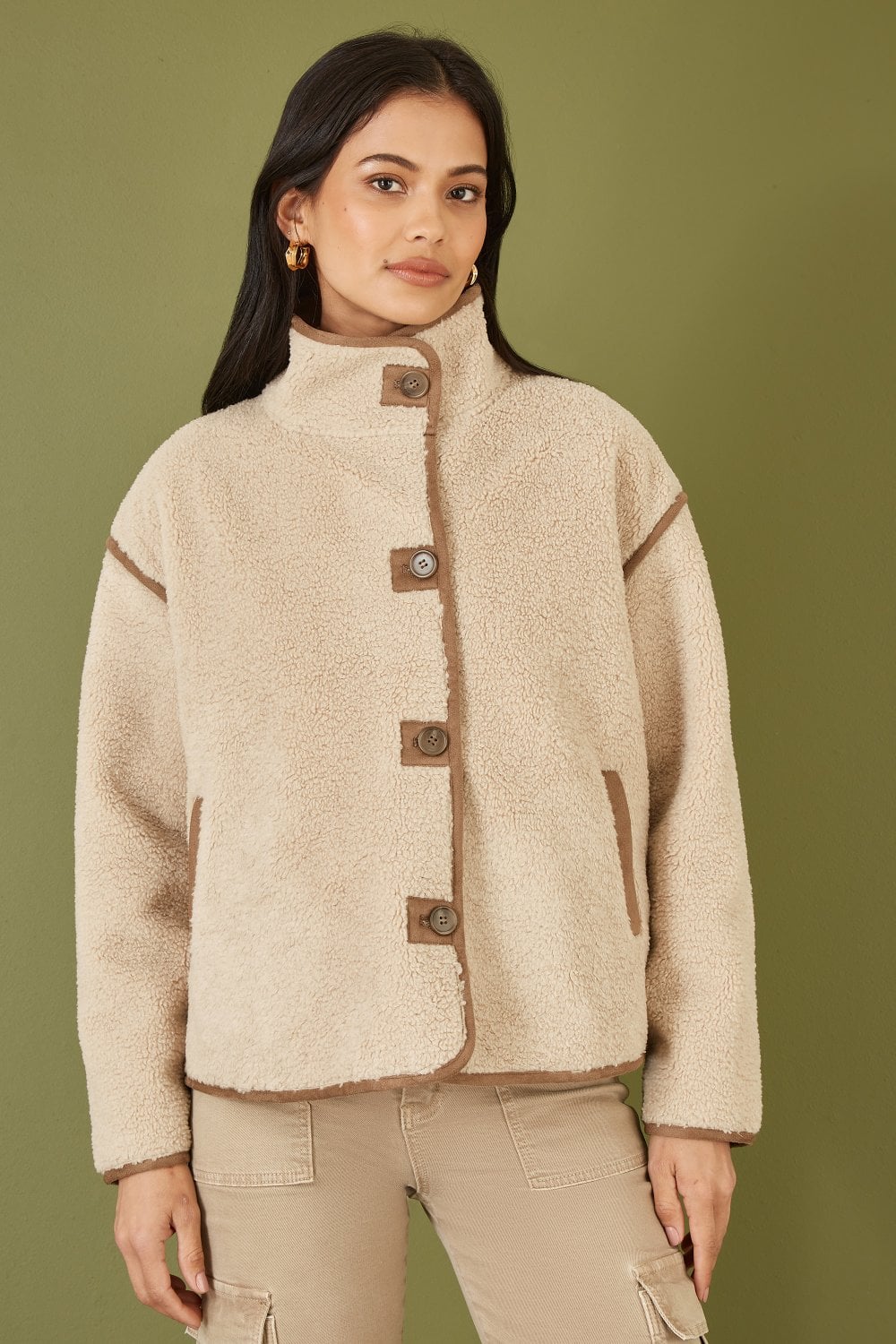 Cream Borg High-Neck Jacket With Faux Leather Trims