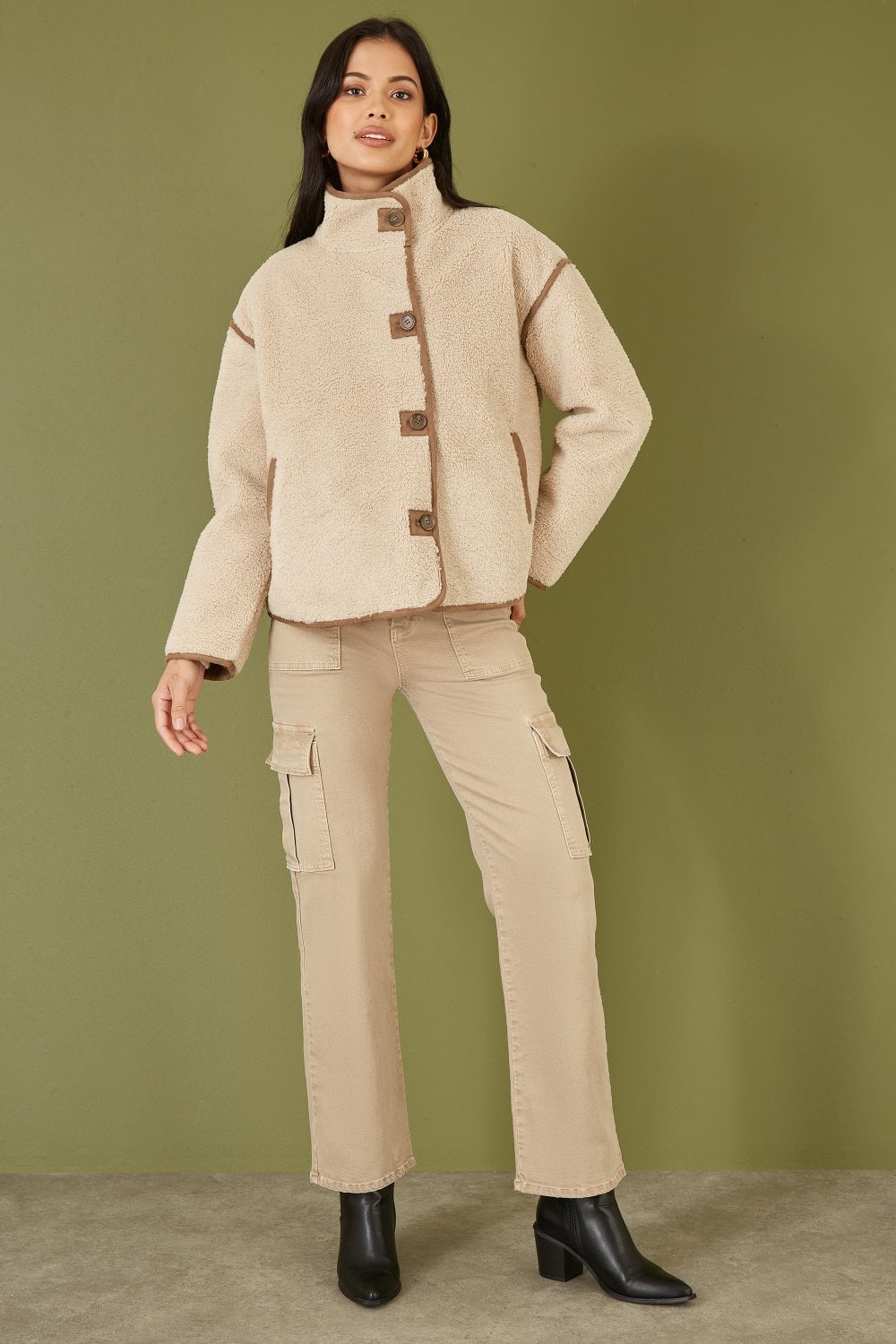 Cream Borg High-Neck Jacket With Faux Leather Trims