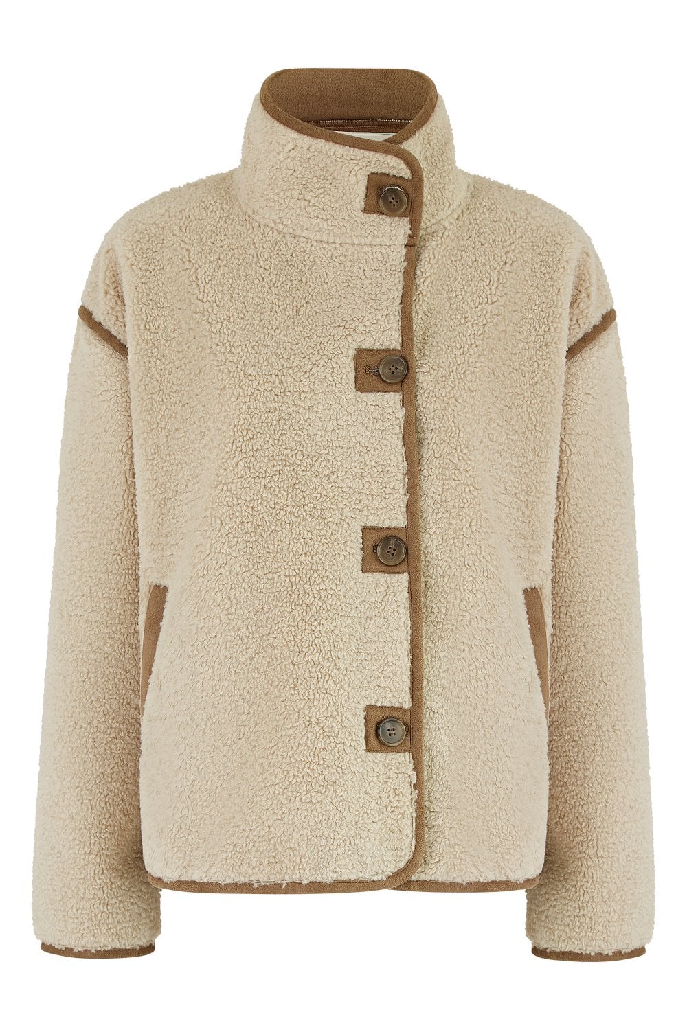 Cream Borg High-Neck Jacket With Faux Leather Trims