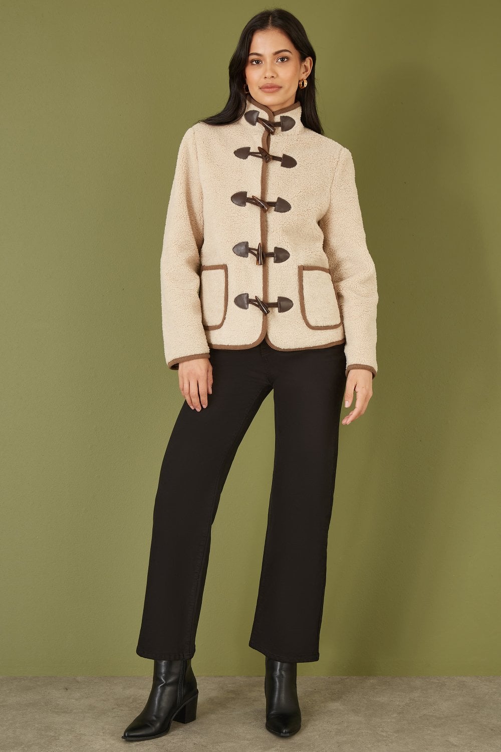 Cream Borg Jacket With Faux Leather Button Details