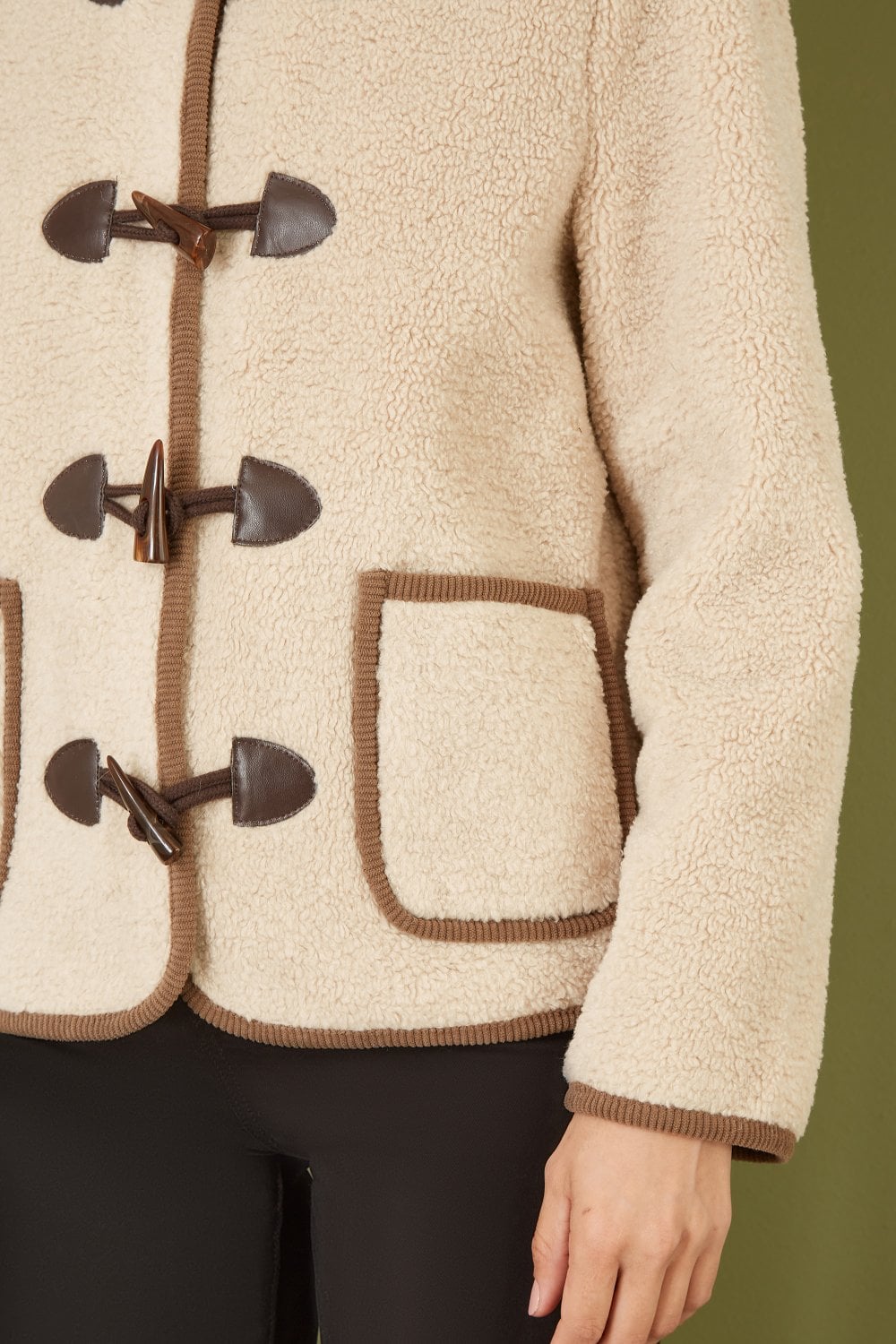 Cream Borg Jacket With Faux Leather Button Details