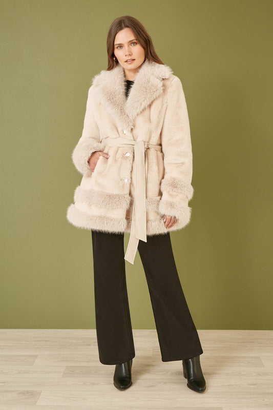 Cream Luxe Faux Fur Swing Coat With Tie Belt