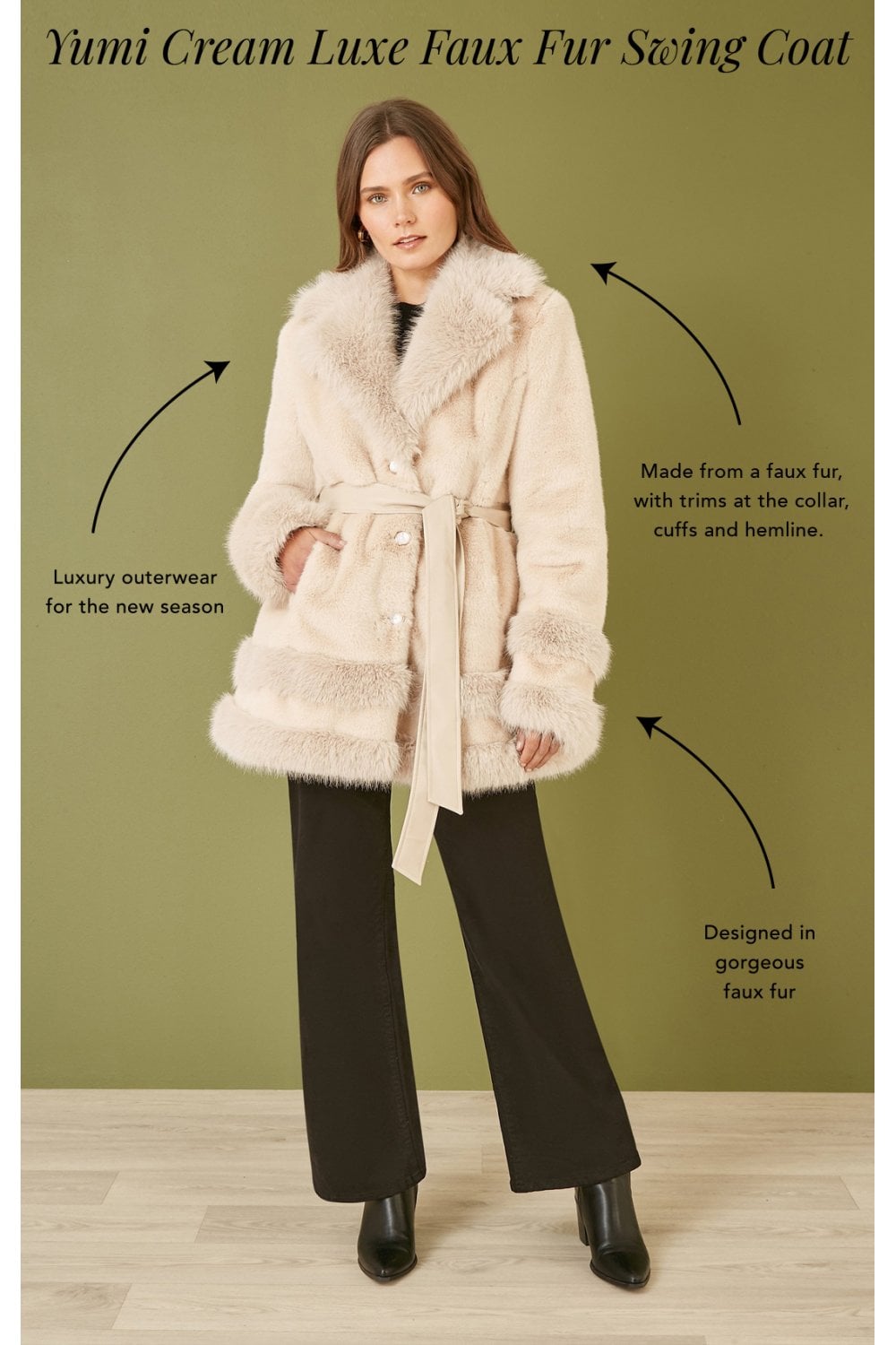 Cream Luxe Faux Fur Swing Coat With Tie Belt