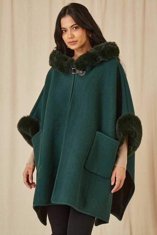 Green Cape With Luxe Fur Trim & Lining
