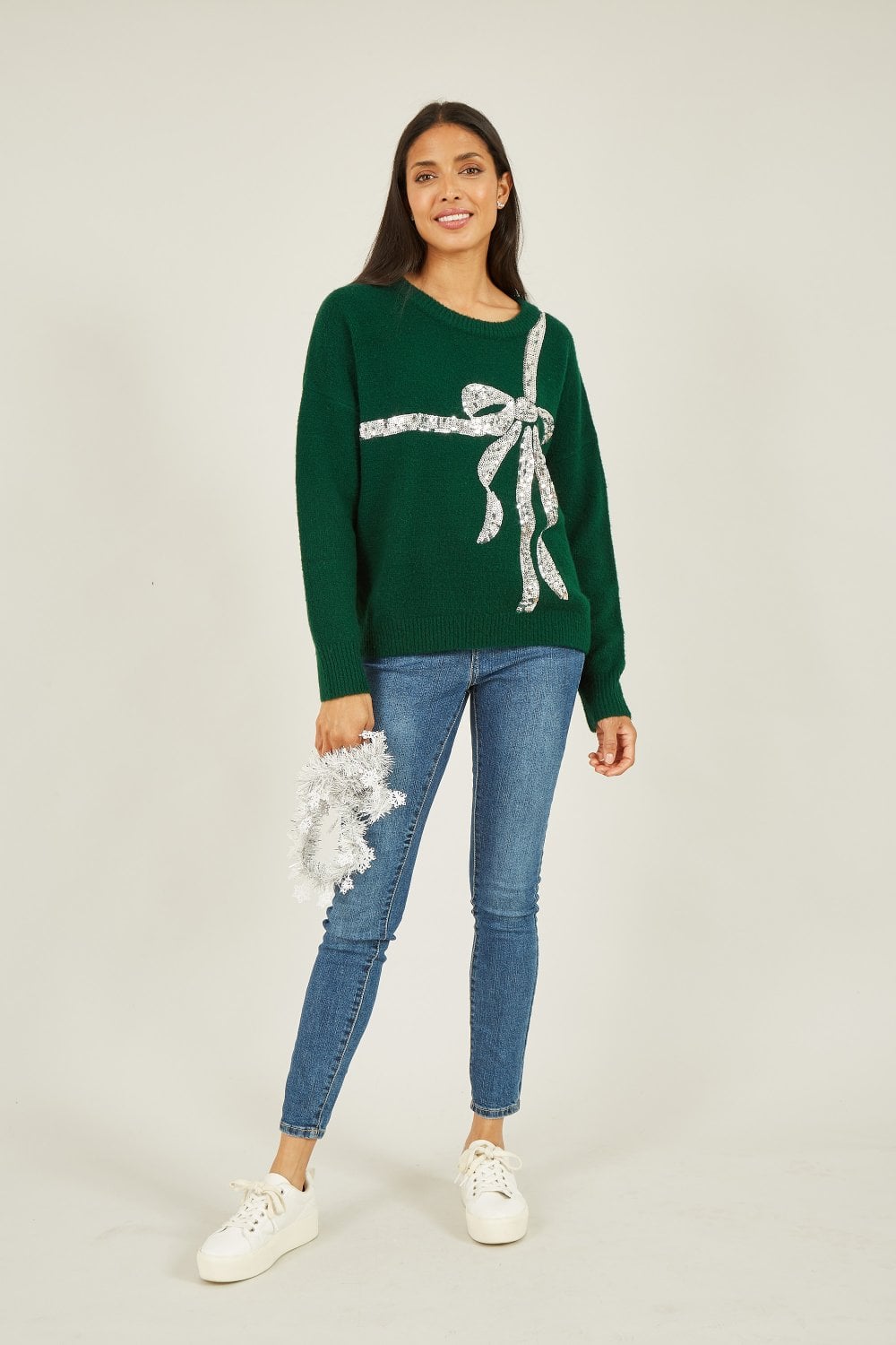 Green Sequin Bow Knitted Jumper