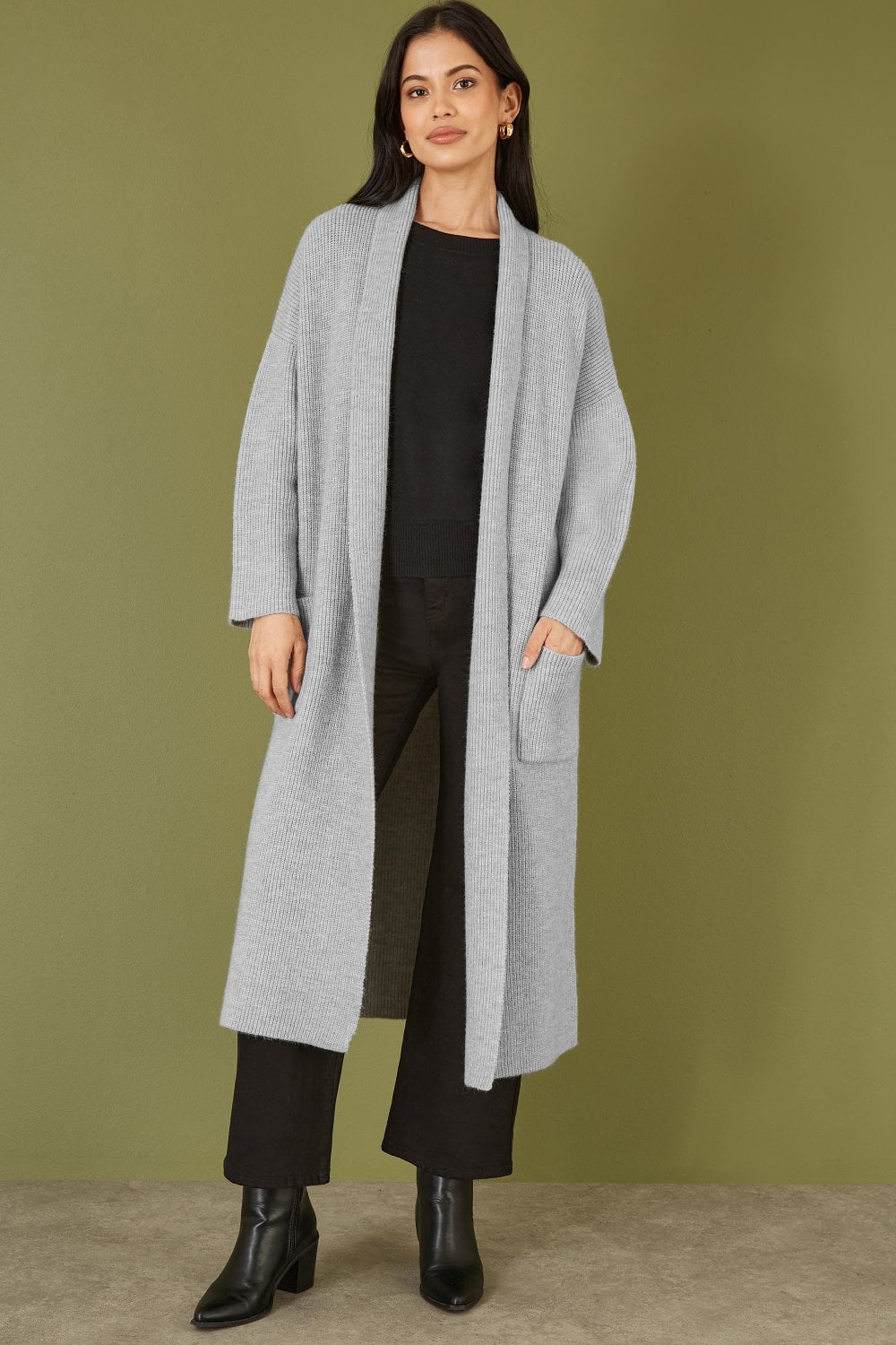 Grey Knitted Maxi Cardigan With Pockets