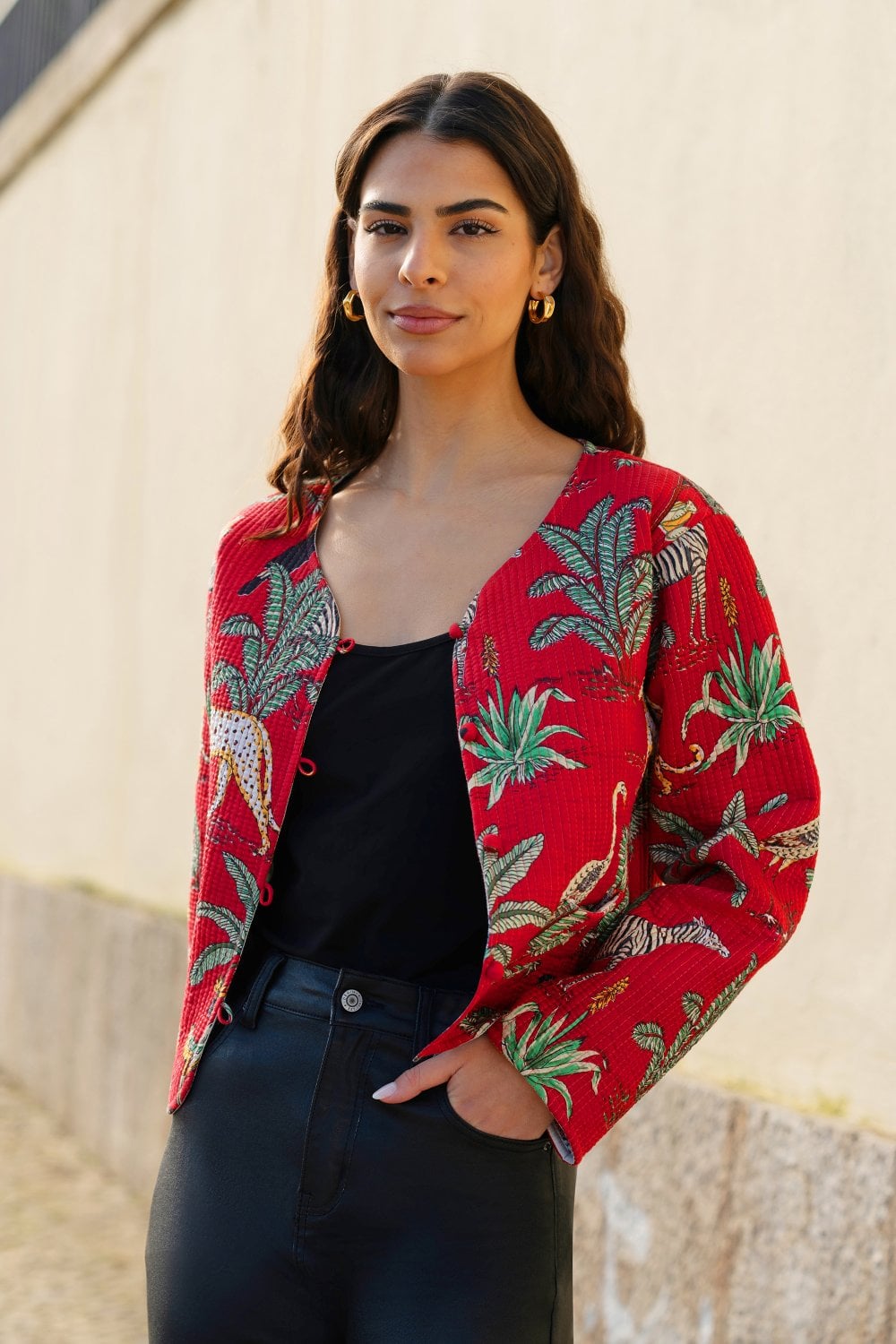 Animal Print Reversible Cotton Cropped Quilted Jacket