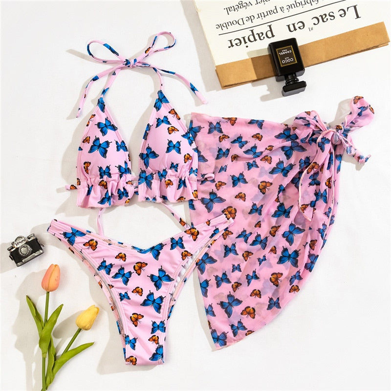 In-X Butterfly Print Swimsuit - 3-Piece Set Micro-Brazilian Bikini. String Bathing Suit