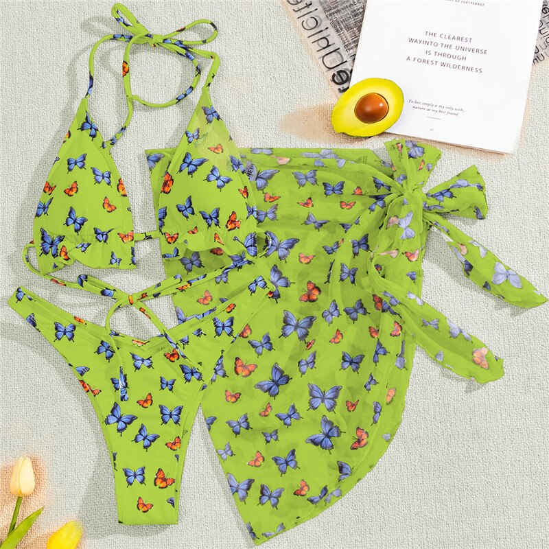 In-X Butterfly Print Swimsuit - 3-Piece Set Micro-Brazilian Bikini. String Bathing Suit