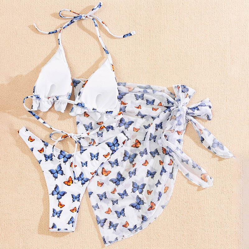 In-X Butterfly Print Swimsuit - 3-Piece Set Micro-Brazilian Bikini. String Bathing Suit