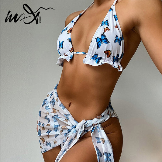 In-X Butterfly Print Swimsuit - 3-Piece Set Micro-Brazilian Bikini. String Bathing Suit