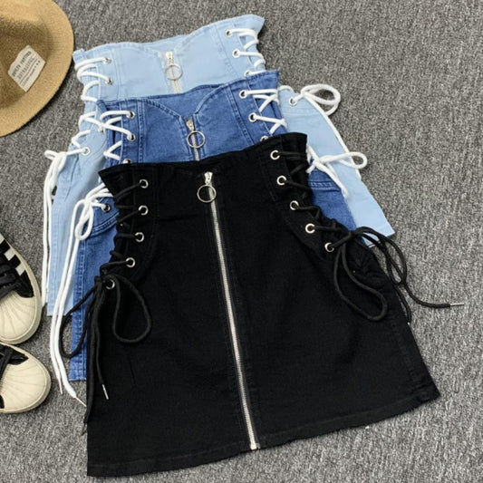 Denim A-Line Lace-up Skirts - Front-Ring Zipper Fashion