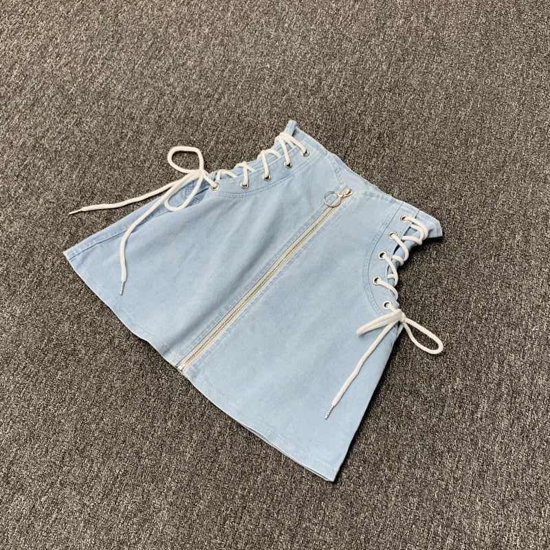 Denim A-Line Lace-up Skirts - Front-Ring Zipper Fashion