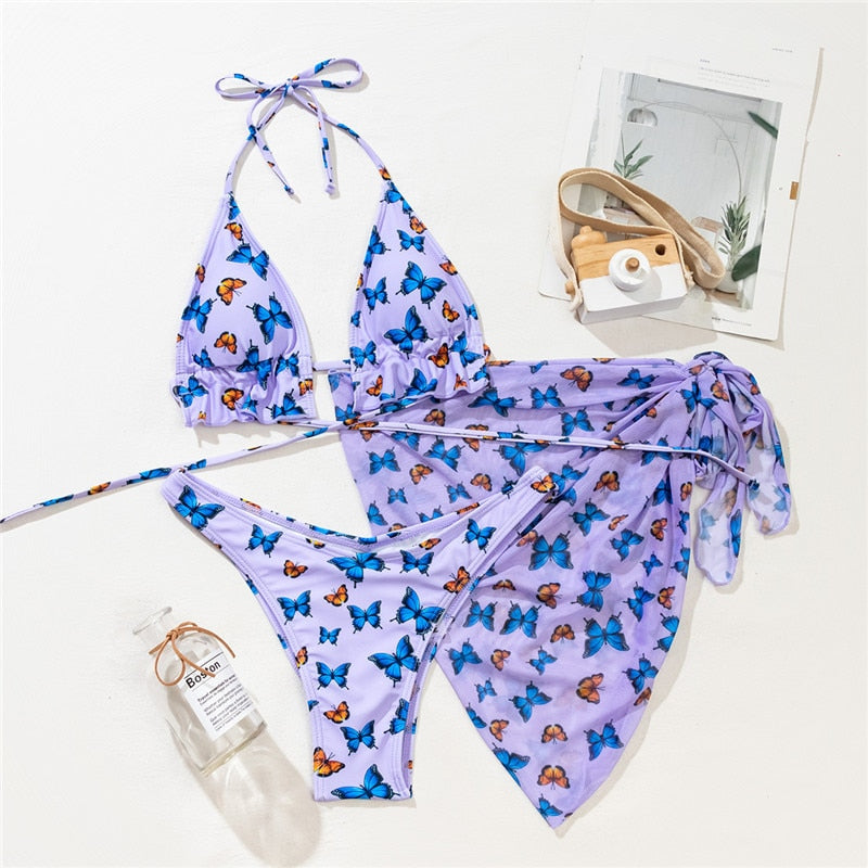 In-X Butterfly Print Swimsuit - 3-Piece Set Micro-Brazilian Bikini. String Bathing Suit